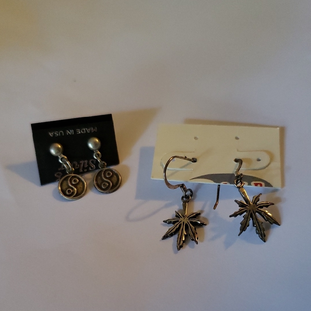 2 pairs - Silver Leaf and Yin Yang Earrings Set